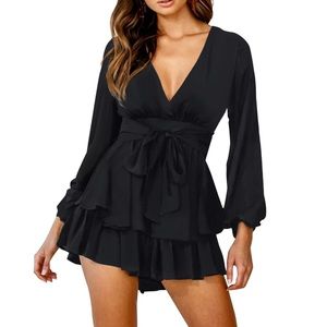 V-Neck Long Sleeve Romper with Double Layer Ruffle Hem.